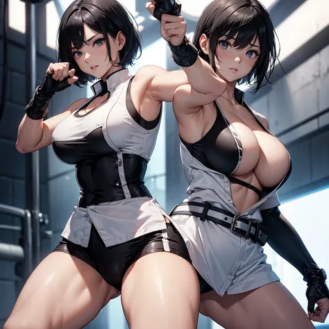 woman、 martial artist、White vest、Black Belt、I can see my breasts by putting gloves 、 on my fist、 big breasts、Straight punch、 big breasts、 black hair、Short Hair