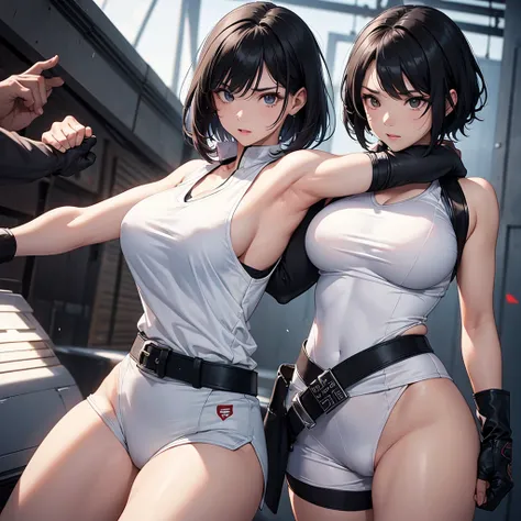 woman、 martial artist、White vest、Black Belt、I can see my breasts by putting gloves 、 on my fist、 big breasts、Straight punch、 big breasts、 black hair、Short Hair