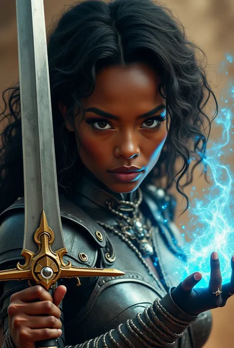 beautiful black woman, sword in one hand, and magic in the other hand, in light armor, close up