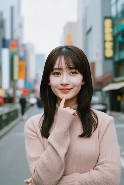  photorealistic,  8k full length portrait with Shonan in the background,  beautiful woman,  Charming expression, 20 years old, Tokyo,  winters , Shibuya in the background