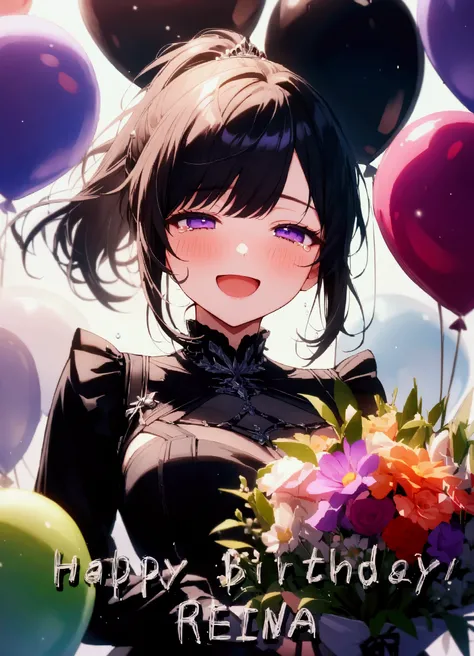 (masterpiece),(absurdres),(ultra detailed),(beautiful detailed),anime:1.4,(solo lady,(23-year-old),shiny black hair,shiny purple eyes,(short highponytail),bangs:1.1,(1white ribbon;1.1),(middle breast:0.7),(()),silver detailed,(Gothic dress:1.1),(()),upperb...