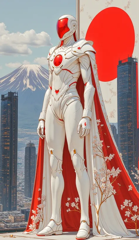 Create a superhero girl representing Japan, wearing a sleek costume inspired by the Japanese flag. Her suit is primarily white with a bold red sun emblem on her chest, symbolizing the 'Land of the Rising Sun.' Her cape is semi-transparent, resembling flowi...