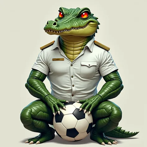  Realistic illustration of muscular anthropomorphic green crocodile with luminous red eyes,  dressed in white military camouflage uniform . Steering and tidy sitting on soccer ball .