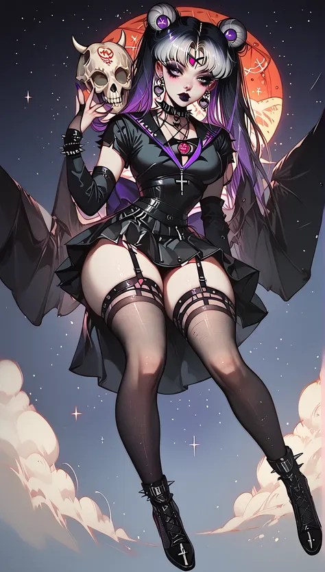 Sailor Moon Goth, goth make up, black dress, long stockings, purple nails, cross earrings, skull necklace, beauty eyes, little horns, pentagram background, optical flares, full body view, night atmosphere, she is flying in the sky, beauty legs, goth make u...