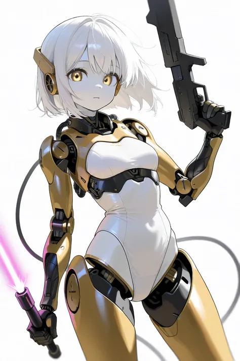 (highest quality, background detailed), highest quality, original detailed video, (golden eyes), image from waist up, inorganic facial expression, inorganic gaze, detailed mechanical joints, reinforced exoskeleton, white leotard, white skin, white hair, lo...