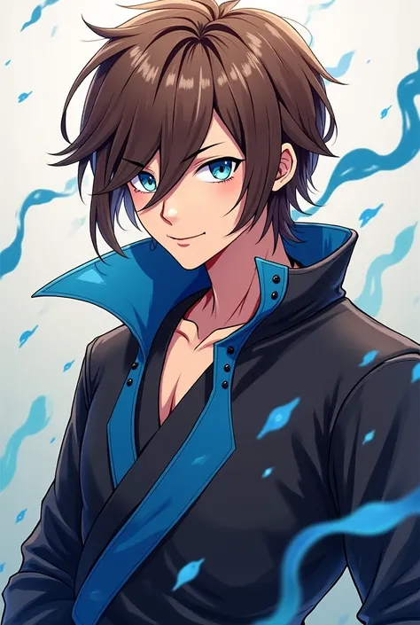 naruto anime style,  long hair, handsome male,  whole body,  brown hair earring,  blue eyes,  short smile, Without earrings, ninja outfit with few blue details