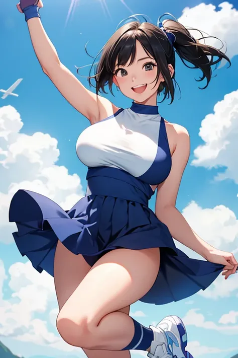  top quality、 high resolution、 detailed background、cute age girl、 Hair、 bob cut、 ponytail 、(Big Breasts:1.2)、 perfect body line 、 big butts、Vast Sky、Jump and fly in the sky、( cheerleader、I&#39;Iはあなたを応援しています、Sexy Cheerleading Costumes)、(Pom-pom:1.2)、 white ...