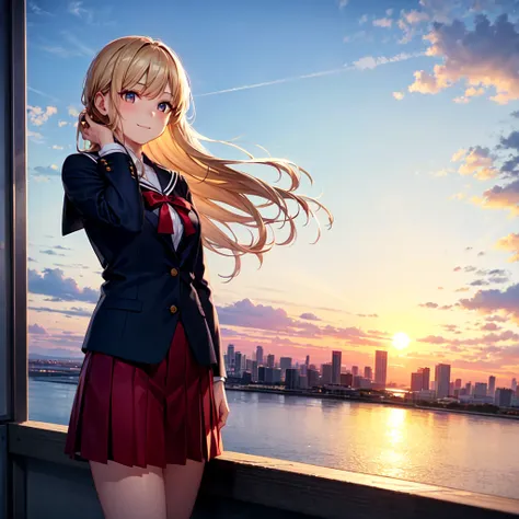 “A realistic illustration of a high school-aged girl standing on the rooftop of a school building, gazing into the distance with a thoughtful expression. She leans slightly against the metal railing, the cool evening breeze gently brushing her hair. The se...