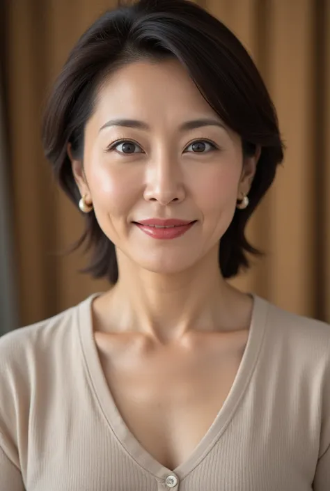   mature women、   Japanese 、48 years old (Mature Beauty: 1.5)、 kind,  Enchanting Smiles  、(  nasolabial fold  :1.4)、   Natural Aging   、Warm Eyes 、( close up shot of upper body:1.3)、   Soft  , Natural wrinkles 、   clean skin (1.4)、    sharp concentration  ...