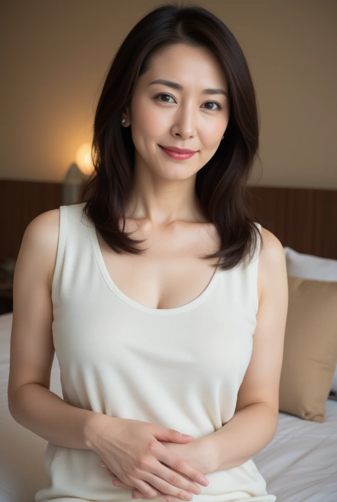   mature women、   Japanese 、48 years old (Mature Beauty: 1.5)、 kind,  Enchanting Smiles  、(  nasolabial fold  :1.4)、   Natural Aging   、Warm Eyes 、( close up shot of upper body:1.3)、   Soft  , Natural wrinkles 、   clean skin (1.4)、    sharp concentration  ...