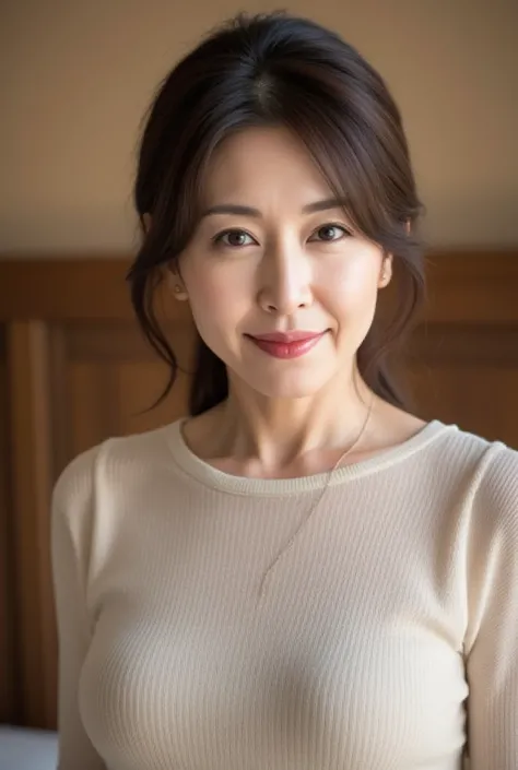   mature women、   Japanese 、48 years old (Mature Beauty: 1.5)、 kind,  Enchanting Smiles  、(  nasolabial fold  :1.4)、   Natural Aging   、Warm Eyes 、( close up shot of upper body:1.3)、   Soft  , Natural wrinkles 、   clean skin (1.4)、    sharp concentration  ...