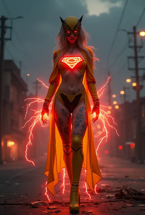 - Photorealistic with perfect details, Cinematic, Masterpiece, HD, Sexy CGI.

- Beautiful woman "Argentina", Dyed hair, Yellow eyes.

Skin full of colorful tattoos, expressive face.

- Wearing a costume ("Full Sexy Armor"), a costume that embodies the form...