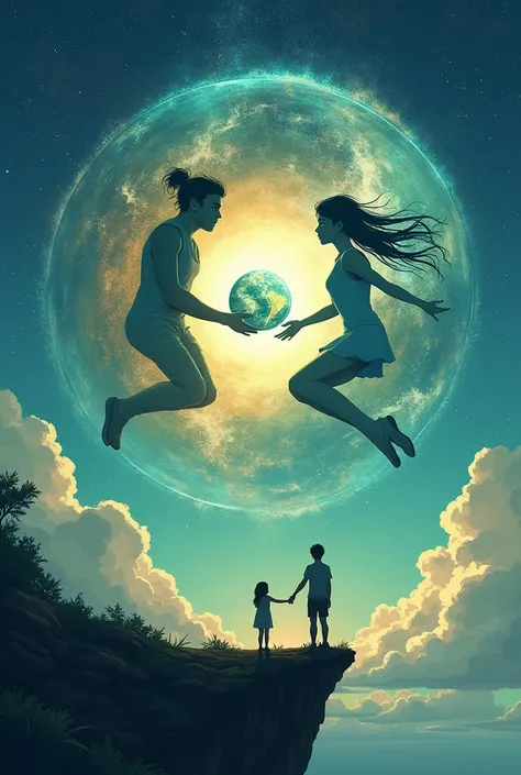 Two mythical beings one female the other male circling each other like yin and yang in the sky both reaching the hands out to earth. Earth is small like globe in the center of the two mythical beings both mythical being should have a human life body from h...