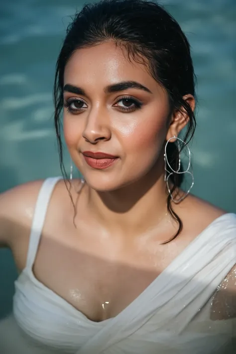 A woman is partially submerged in a crystal-clear pool, wearing a sleek, wet-look swimsuit that clings to her form. The waterline rests just below her chest, creating a striking contrast between the glistening wet fabric and her exposed skin. Droplets shim...