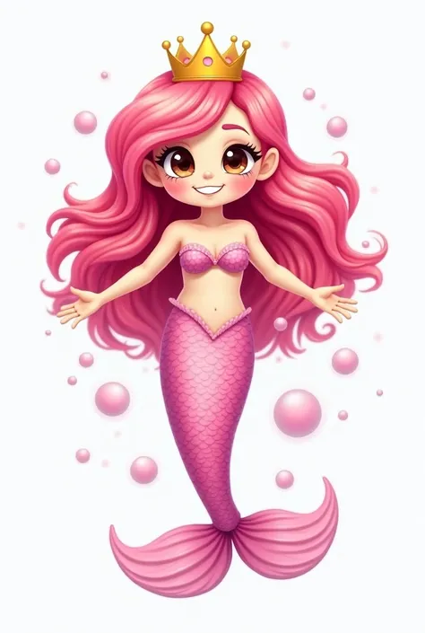 Create a full body image of a mermaid with a smiling crown swimming with bubbles around her chubby long pink hair, striking eyes with long dark brown eyelashes , Hot pink , highlighted white background 