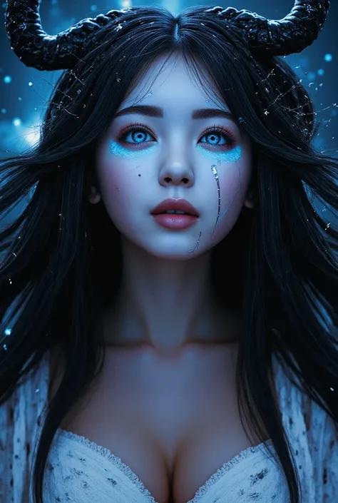 Image of Goddess of Hecate, (best quality, ultra - detailed, Most Best Illustration, Best Shadow, masterpiece, high resolution, professional artwork, famous artwork), Detailed eyes, beautiful blue eyes, closeup cleavage, SF, colored sclera, Robotic eyes, f...