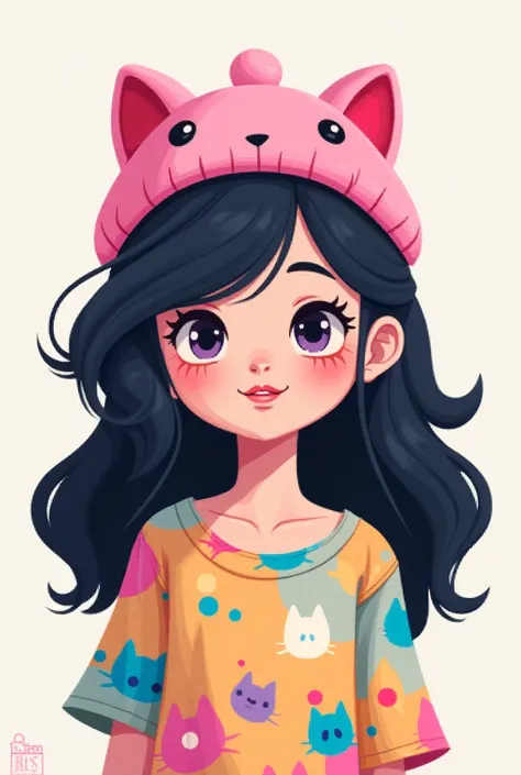  Character in a 2d cartoon, pixel style,  Pink kitten cap ,  long wavy black hair , colorful clothes, minimalist cat print blouse. 