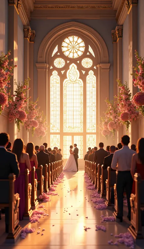 A very clear ultra hd animated image of " A grand wedding hall filled with guests. The soft sound of the wedding march plays in the background.