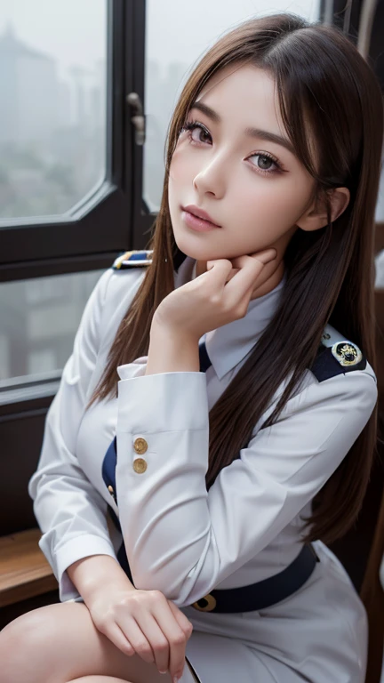  A beautiful and realistic girl in uniform is sitting on a chair and looking forward、 highly detailed CG integrated 8k wallpaper ,  with a mysterious expression on a foggy day .  eye focus , lips, The entire structure of the nose and face ,  facial details...