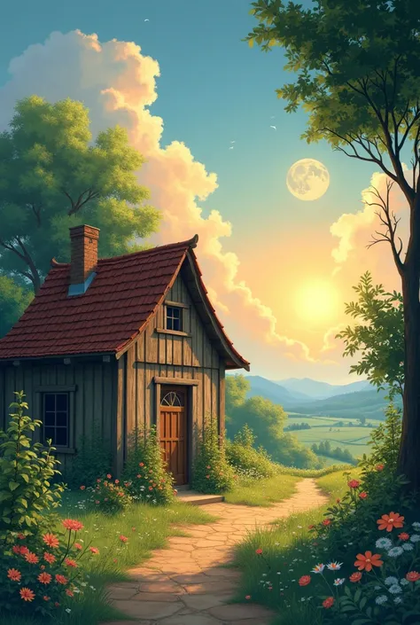 A wooden house is in the middle of a narrow and sun is setting and the moon is rising and light of moons glowing the sky cloud and many small birds are flying in the sky above the tree and many small tree plants have flower on his body 