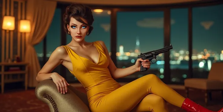 (8k, RAW Photos, 60s style brown hair, assassin woman, narrow long face, blue eyes, Highest quality, masterpiece: 1.2)、Very detailed、Super Resolution、(Full body photography)、Natural color lip、Heavy eye makeup、(60s style yellow short dress above the knees, ...