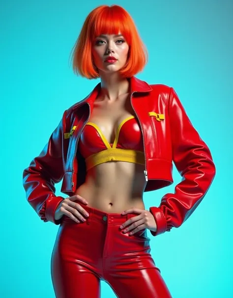 The model, who has a striking orange bob, wears a form-fitting red latex outfit with yellow accents. The outfit features a cropped top jacket that unzips to accentuate her toned figure show-off breasts no bra exposing some of her midsection, and slim-fit p...