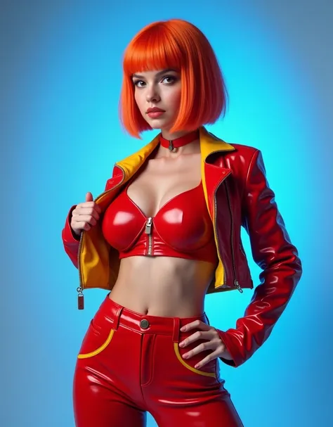 The model, who has a striking orange bob, wears a form-fitting red latex outfit with yellow accents. The outfit features a cropped top jacket that unzips to accentuate her toned figure show-off breasts no bra exposing some of her midsection, and slim-fit p...