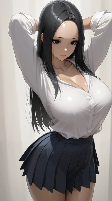 masterpiece,best quality,ultra-detailed,super detailed skin,perfect anatomy,detailed,beautiful detailed eyes,fair skin,long hair,forehead,straight hair,hair black hair, eyes black eyes, large breasts, gyaru girl, blouse, pleated skirt, arms behind head