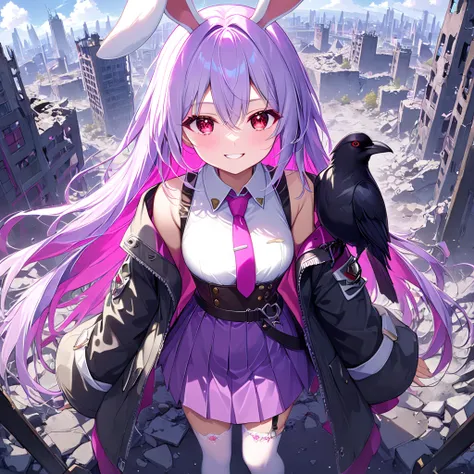 ((beautiful, the most beautiful in the world, the most beautiful, 1 girl, solo, Reisen udongein ianaba, light purple hair, long hair, white rabbit ears, red eyes, sparkling eyes, nasty smile, combat uniform, dark pink tie, white sleeveless innerwear, an ov...