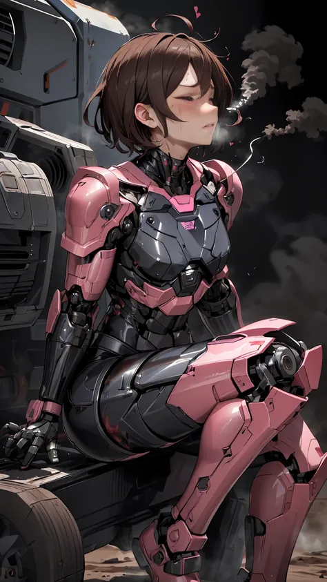 ,      very detailed ,   more info  ,     high definition   , 最    high definition   ,      high resolution    , 1080P 、    smoke coming out of her wounds all over pink 　 woman with pink armor full of scars 　 Steam Coming Out     、 cute(( serious damage to...