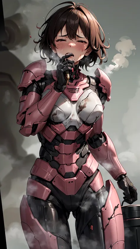 ,      very detailed ,   more info  ,     high definition   , 最    high definition   ,      high resolution    , 1080P 、    smoke coming out of her wounds all over pink 　 woman with pink armor full of scars 　 Steam Coming Out     、 cute(( serious damage to...