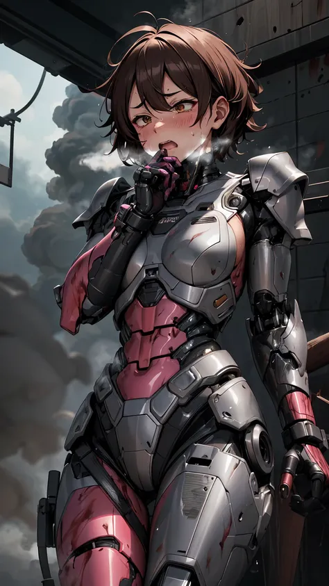 ,      very detailed ,   more info  ,     high definition   , 最    high definition   ,      high resolution    , 1080P 、    smoke coming out of her wounds all over pink 　 woman with pink armor full of scars 　 Steam Coming Out     、 cute(( serious damage to...