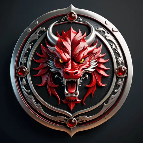 Realistic Round Shield Shape Emblem of a Chinese Platinum&Red Dragon Shen-Long Head, Dark Theme, Face and Body, Cool, Platinum&Red Crown, Platinum&Red Dragons For Honor Name, Cinematic, Dark Fantasy, Illustration, 4k, Ultra Resolution, 3Dv0.2v0.2 Render