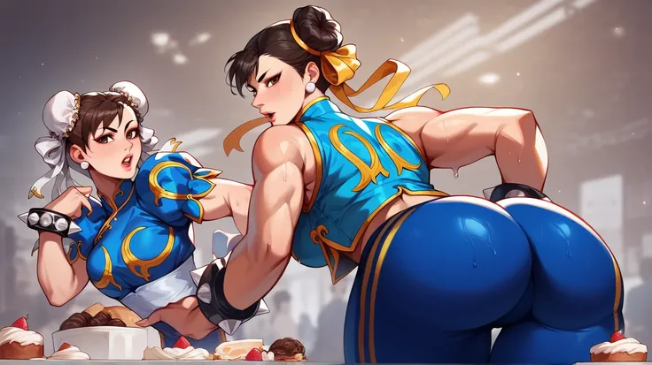 Chun-li,   brown eyes,  Double cake ,  Yellow ribbon , blue suit,  short top,   sleeveless  , wide ass, behind ,  breathless , sweaty,  Open your mouth,   looking at the viewer High resolution,  masterpiece,  best quality,  Awarded multiple times , Chun Li...