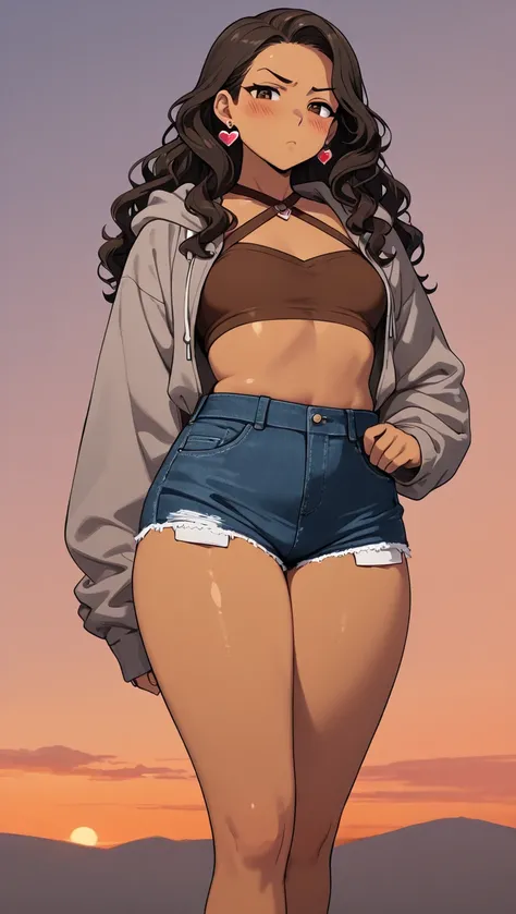 1Girl, Mature, Hispanic, Mexican, Latina, Dark Skin, Long Wavy Hair, Brunette Wavy Hair, Brown Eyes, Medium Chest, Brown Halter Crop-Top, Brown Cropped High-Cut Hoodie, Black Cut-Off Jean Shorts, Jewelry, Heart Earrings, Looking At Viewer, Bored, Tsundere,...