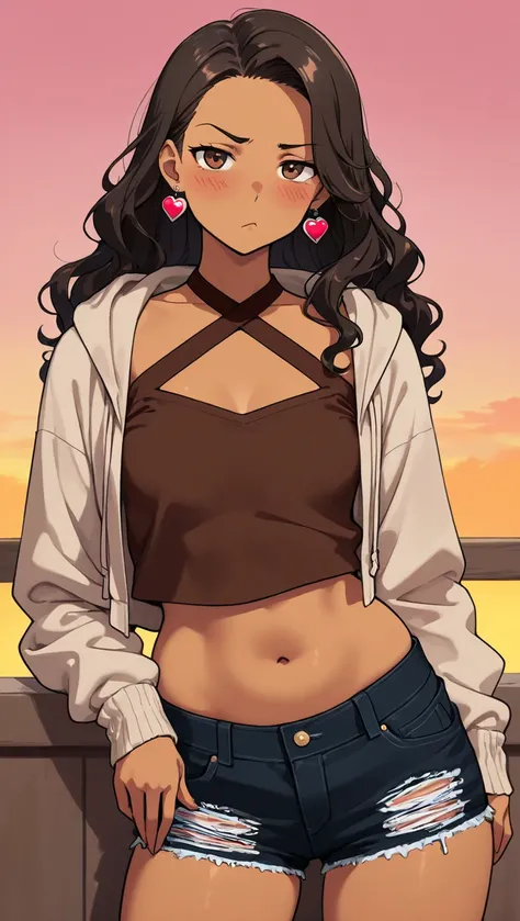 1Girl, Mature, Hispanic, Mexican, Latina, Dark Skin, Long Wavy Hair, Brunette Wavy Hair, Brown Eyes, Medium Chest, Brown Halter Crop-Top, Brown Cropped High-Cut Hoodie, Black Cut-Off Jean Shorts, Jewelry, Heart Earrings, Looking At Viewer, Bored, Tsundere,...