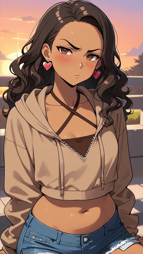 1Girl, Mature, Hispanic, Mexican, Latina, Dark Skin, Long Wavy Hair, Brunette Wavy Hair, Brown Eyes, Medium Chest, Brown Halter Crop-Top, Brown Cropped High-Cut Hoodie, Black Cut-Off Jean Shorts, Jewelry, Heart Earrings, Looking At Viewer, Bored, Tsundere,...