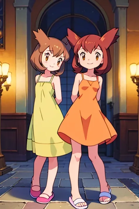 masterpiece, best quality, ultra-detailed, illustration, beautiful detailed eyes, very detailed illustration, cinematic lighting, 2. Girls, Pokemon Heroes (Bianca), Brown Hair, brown eyes, , sleeveless, collarbone, orange Camisole dress, orange dress, intr...