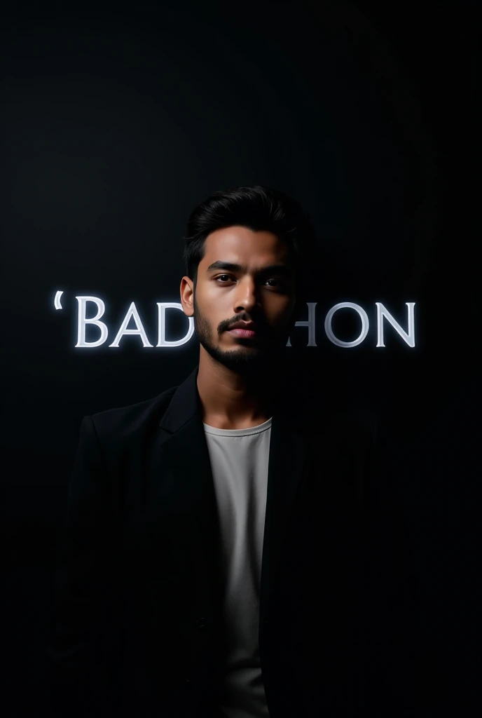 Create a highly realistic portrait of a 21-year-old Bangladeshi man named 'Badhon, standing in a dark room. He is wearing a blackblazer and a white shirt.

The lighting should be dramatic, focusing on his handsome face with a light stubble, giving him a ru...