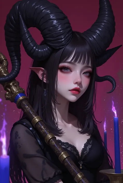 (( best quality )),( ultra high definition),( very detailed),( Detailed explanation ),(( best CG )),( Best Art ), Ultra Precision Art, Amazing Painted Art ,( Fine Art with Precise Details :1.5), Female devil, Large Curved Black Goat Horn , Shiny skin, Dark...