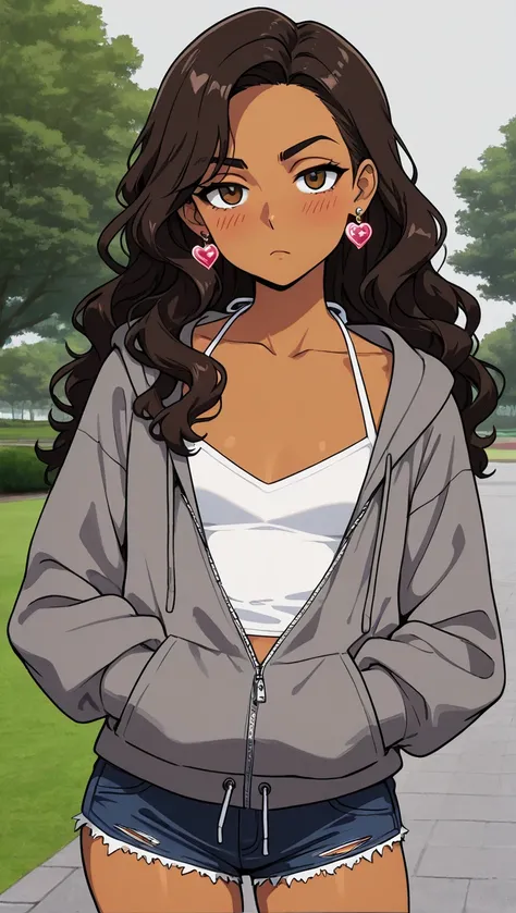 1Girl, Mature, Hispanic, Mexican, Latina, Dark Skin, Long Wavy Hair, Brunette Wavy Hair, Brown Eyes, Medium Chest, White Halter Tank-Top, White Cropped High-Cut Hoodie, Black Cut-Off Shorts, Jewelry, Heart Earrings, Looking At Viewer, Bored, Serious, Blush...