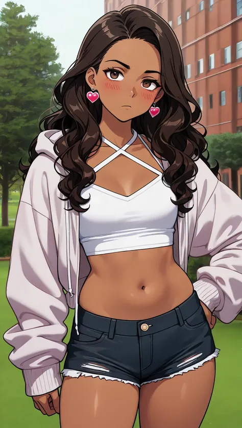 1Girl, Mature, Hispanic, Mexican, Latina, Dark Skin, Long Wavy Hair, Brunette Wavy Hair, Brown Eyes, Medium Chest, White Halter Tank-Top, White Cropped High-Cut Hoodie, Black Cut-Off Shorts, Jewelry, Heart Earrings, Looking At Viewer, Bored, Serious, Blush...