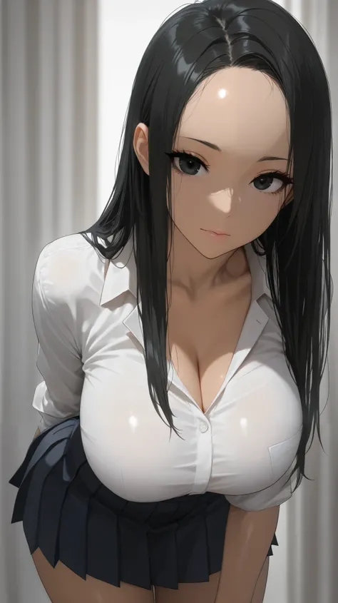 masterpiece,best quality,ultra-detailed,super detailed skin,perfect anatomy,detailed,beautiful detailed eyes,fair skin,long hair,forehead,straight hair,hair black hair, eyes black eyes, large breasts, gyaru girl, blouse, pleated skirt, leaning forward