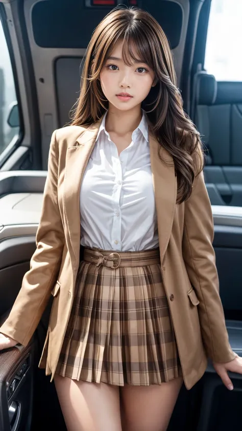 Product quality,  in the seat,  cowboy shooting ,  front view of the company,  a pretty young Japanese girl  ,  daytime,    high school girls' uniforms ,  blazer,wear, wear a checkered pleated micro mini skirt,  very cute face ,  glossy lips ,  double eyel...