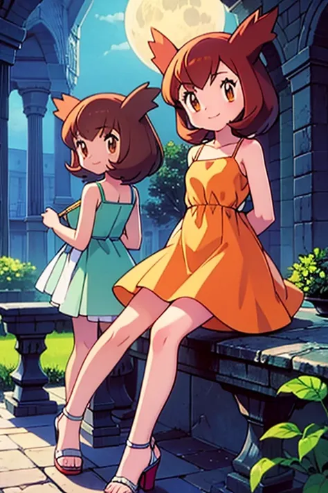 masterpiece, best quality, ultra-detailed, illustration, beautiful detailed eyes, very detailed illustration, cinematic lighting, 2. Girls, Pokemon Heroes (Bianca), Brown Hair, brown eyes, , sleeveless, collarbone, orange Camisole dress, orange dress, intr...