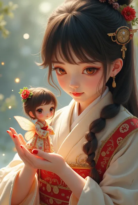 Miniature fairy brown hair honey eyes dressed in a kimono in the hand of a girl with black hair red eyes dressed as royal Chinese anime