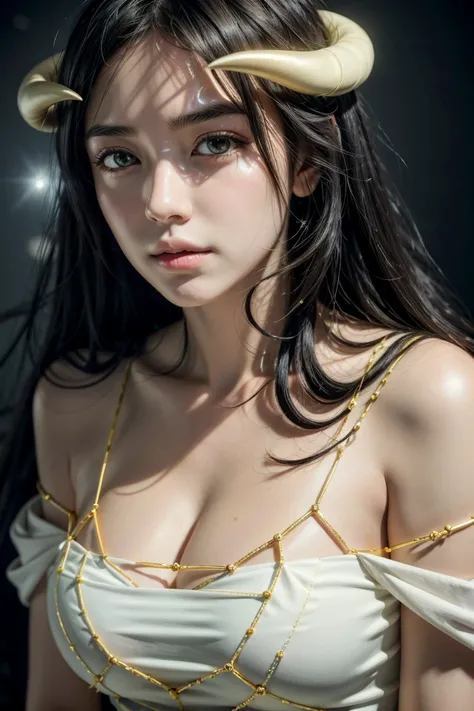 Masterpiece, Best quality, Ultra-detailed, illustration, epic lighting, Cinematic composition, isometry,(hexagons:1.2), 1girll, Horns, Solo, Yellow eyes, Black hair, Long hair, (Low wing:1.2), Large cleavage, Bare shoulders, hair between eye, Medium breast...