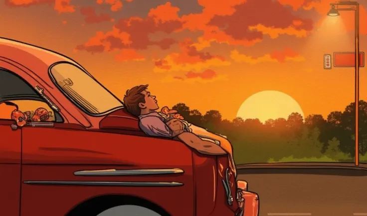 an aesthetic side picture of a young tall boy lay back on the bonnet of vintage car during the sunset time and enjoying the beautiful moment...and all this picture looks like a picture on comic book