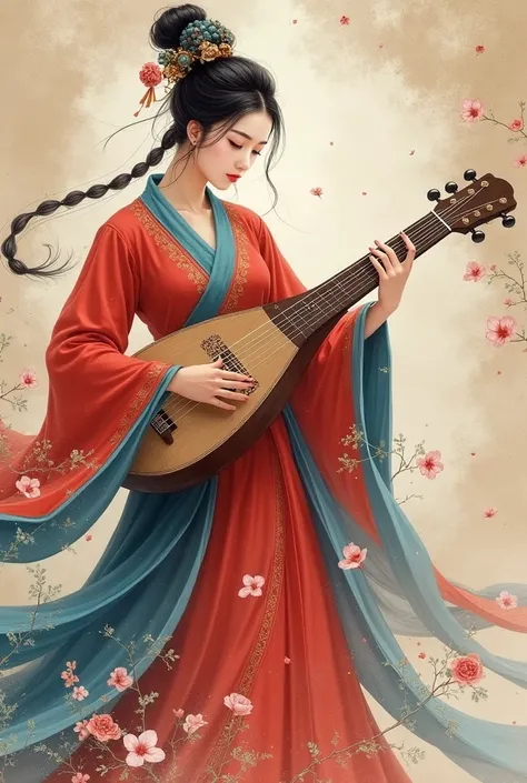 a woman in a red and blue dress holding a musical instrument, world of lute, is playing a lute, lute, yun ling, artwork in the style of guweiz, bian lian, by Qu Leilei, holding a lute, inspired by Song Maojin, inspired by Ju Lian, inspired by Wu Zuoren