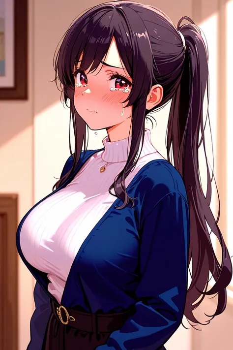 8k,masterpiece, best quality, ultra detailed, high resolution, super fine illustration, 1girl, solo, tears, red eyes, black hair, long hair, ponytail, sidelocks,large breasts, casual fashion outfit, upper body, looking at viewer,